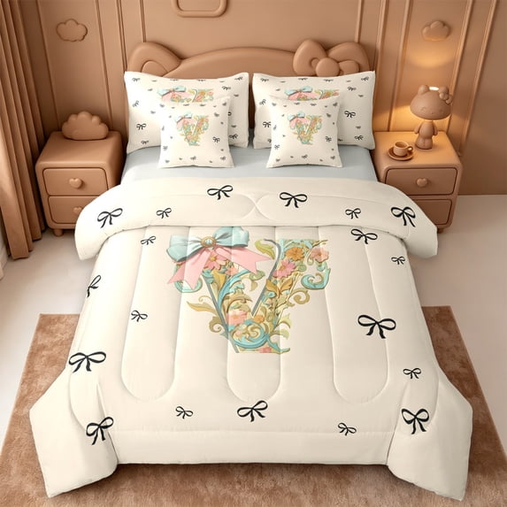 Catabedysis Bows ABC Print V 7 Pieces Full Size Bedding Sets,Personalized Monogrammed Gifts Full Size Bed in a Bag,Light Gray Reversible For Girls