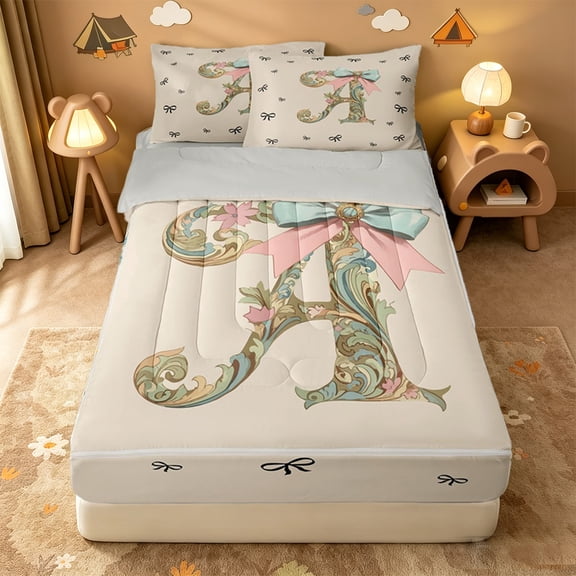Catabedysis Bows ABC Print A Zipper Twin Comforter Sets with Fitted Sheet and 2 Pillowcases,Personalized Monogrammed Gifts Zipper Bedding Set For Girls,Light Gray Reversible,4-Piece