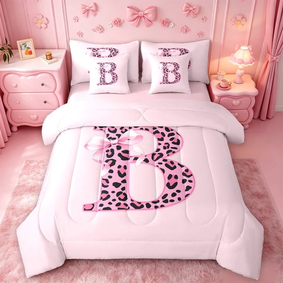 Catabedysis Bows Letter Print 7-Piece King Bedding,Cheetah Monogrammed B King Bed in a Bag,Pink Reversible For Girls