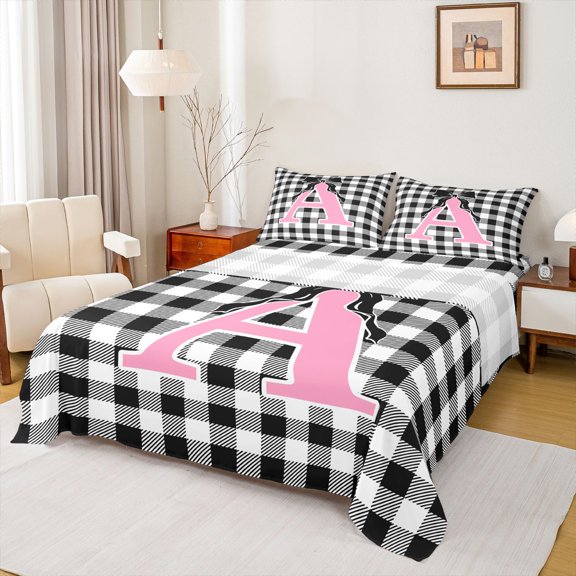 Catabedysis Bowtie ABC Print A Bed Sheets,Personalized Monogrammed Gifts Full Size Sheets For Girls,4 Pieces,1 Flat Sheet, 1 Fitted Sheet and 2 Pillowcases