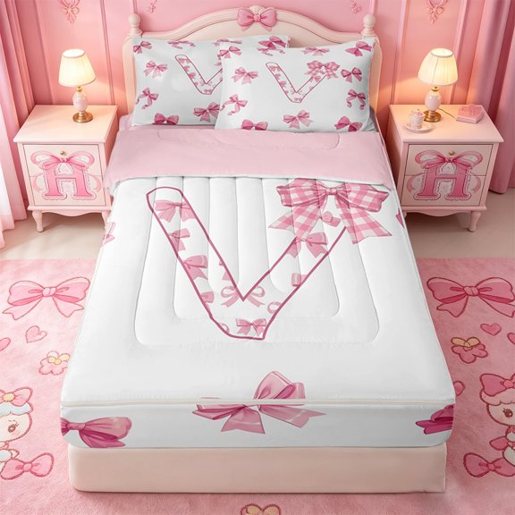 Catabedysis Bowtie ABC Print V Zipper Full Size Comforter Sets with Fitted Sheet and 2 Pillowcases,Personalized Monogrammed Gifts Zipper Bedding Set For Girls,Pink Reversible,4-Piece