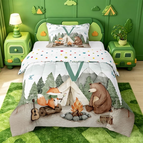 Catabedysis Boys Travel Adventure Camper Twin Comforter Sets,Happy Camping Letter V Bedding Set For Boys,Polkadot Reversible,2 Pieces,1 Comforter and 1 Pillowcase
