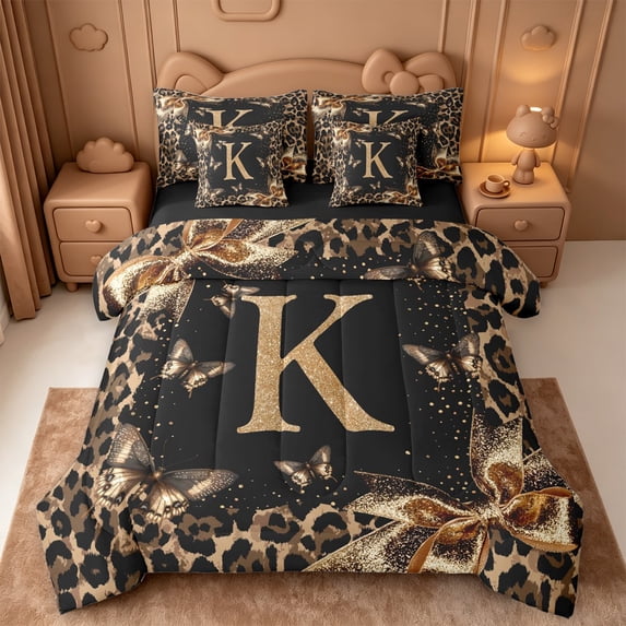 Catabedysis Brown Bows Monogram K 7-Piece Twin Bedding,Classic Fashion Leopard Print Bedding Comforter Set,Black Reversible For Girls