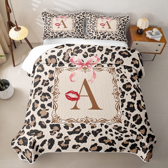Catabedysis Brown Initial A Quilt Full,Wild Leopard Print Full Bedspread Sets For Girls,3-Piece
