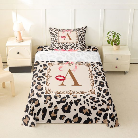 Catabedysis Brown Initial A Twin Sheets,Wild Leopard Print Bedding For Girls,3pcs,1 Fitted Sheet and 1 Pillowcase