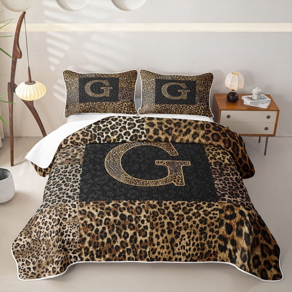 Catabedysis Brown Leopard Print Twin Quilt Set,Chic Alphabet G Design Twin Coverlet Set For Girls,2 Pieces
