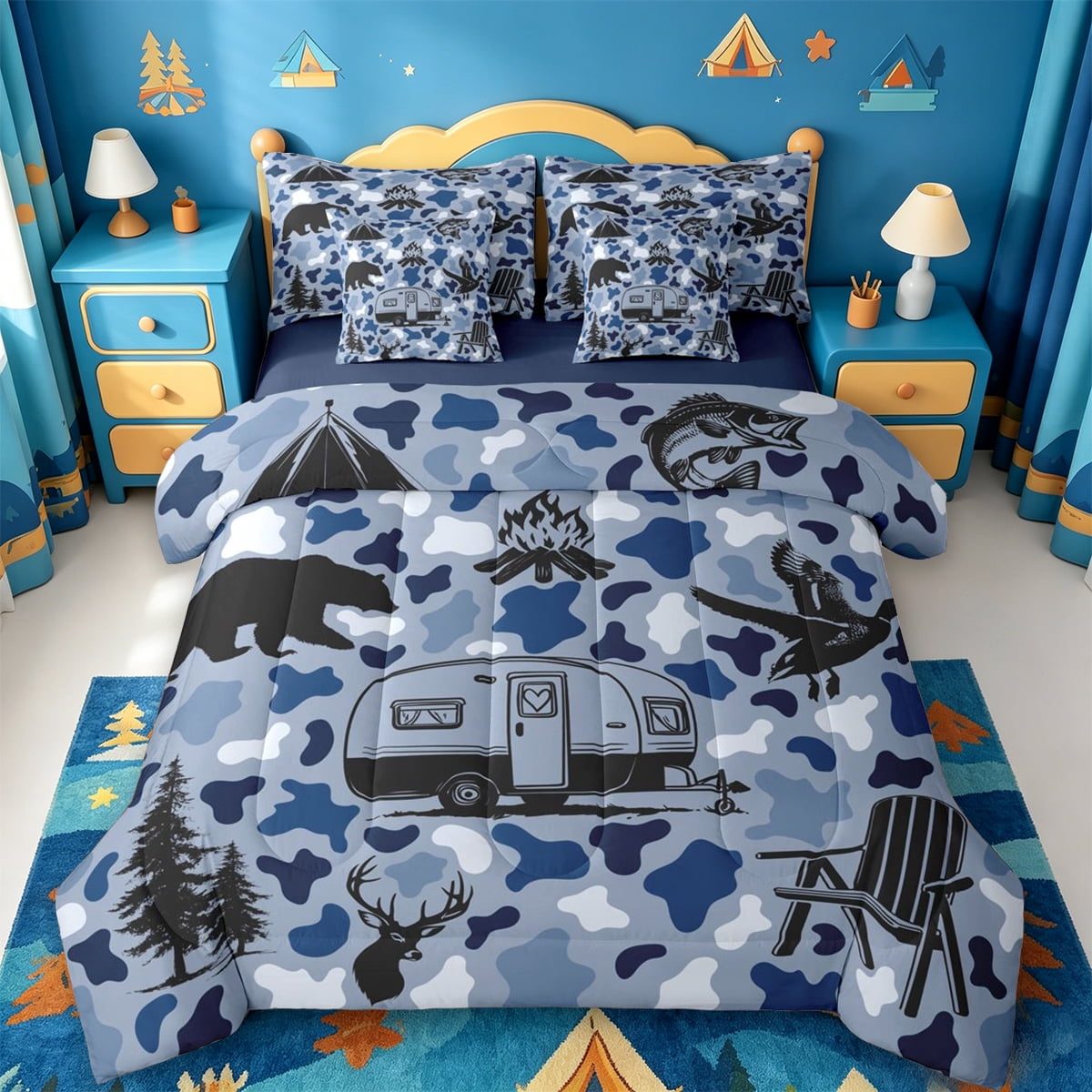 Catabedysis Camo Camping 7-Piece Twin Bedding,Wildlife Camper Pattern ...