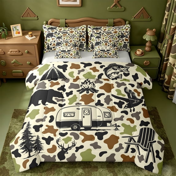 Catabedysis Camo Camping 7-Piece Twin Bedding,Wildlife Camper Pattern Bedding Comforter Set For Boys,Earthy Tone,Light Gray Reversible