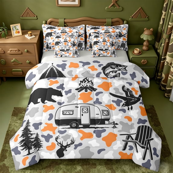 Catabedysis Camo Camping 7-Piece Twin Bedding,Wildlife Camper Pattern Bedding Comforter Set For Boys,Orange Grey,Light Gray Reversible