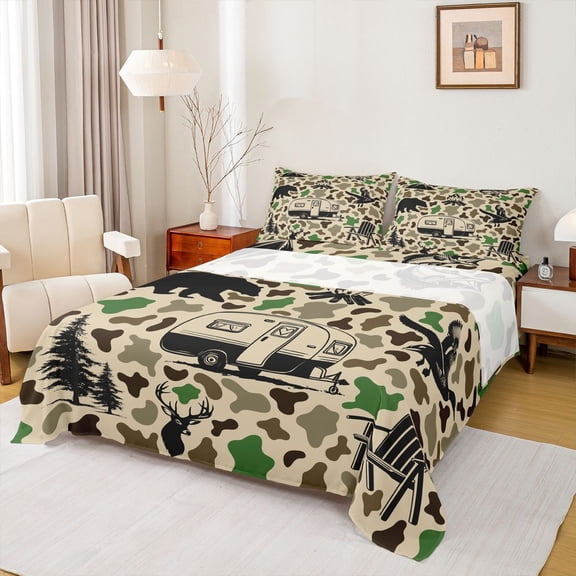 Catabedysis Camo Camping Bed Sheets,Wildlife Camper Pattern Full Size Sheets For Boys,Green Beige,4pcs,1 Flat Sheet, 1 Fitted Sheet and 2 Pillowcases