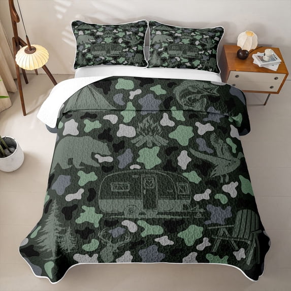 Catabedysis Camo Camping Quilt Full,Wildlife Camper Pattern Full Bedspread Sets For Boys,Green Grey,3 Pieces