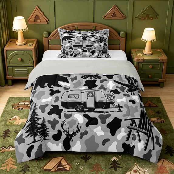 Catabedysis Camo Camping Twin Comforter Sets,Wildlife Camper Pattern Bedding Set For Boys,Black Grey,Light Gray Reversible,2 Pieces,1 Comforter and 1 Pillowcase