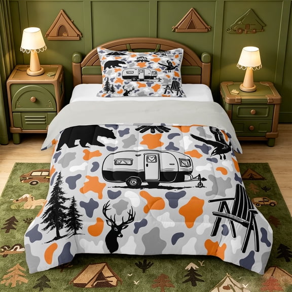 Catabedysis Camo Camping Twin Comforter Sets,Wildlife Camper Pattern Bedding Set For Boys,Orange Grey,Light Gray Reversible,2-Piece,1 Comforter and 1 Pillowcase