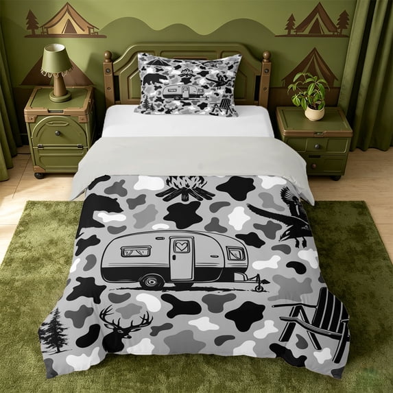 Catabedysis Camo Camping Twin Duvet Cover,Wildlife Camper Pattern Twin Bedding For Boys,Black Grey,Light Gray Reversible,2 Pieces,1 Duvet Cover and 1 Pillowcase