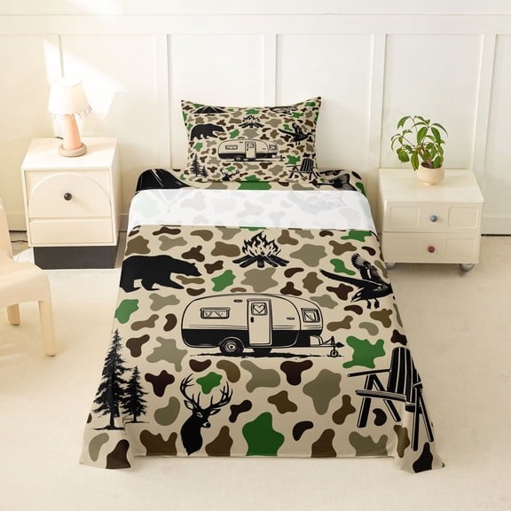 Catabedysis Camo Camping Twin Sheets,Wildlife Camper Pattern Bedding For Boys,Green Beige,3 Pieces,1 Fitted Sheet and 1 Pillowcase