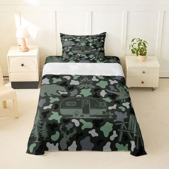 Catabedysis Camo Camping Twin Sheets,Wildlife Camper Pattern Bedding For Boys,Green Grey,3 Pieces,1 Fitted Sheet and 1 Pillowcase