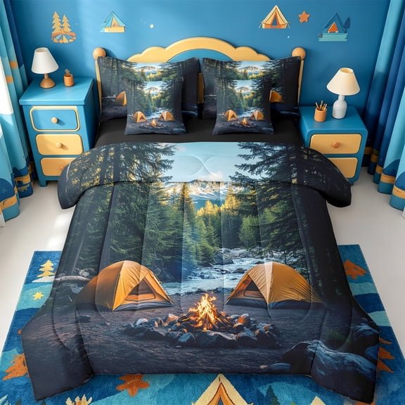 Catabedysis Camper 7 Pieces Full Size Bedding Sets,Outdoor Adventure Theme Full Size Bed in a Bag For Boys,Multicolor,Black Reversible