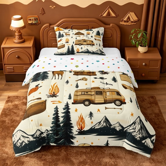 Catabedysis Camper Deer Print Twin Comforter Sets,Brown Cartoon Rv Bedding Set For Boys,Multicolor,Polkadot Reversible,2-Piece,1 Comforter and 1 Pillowcase