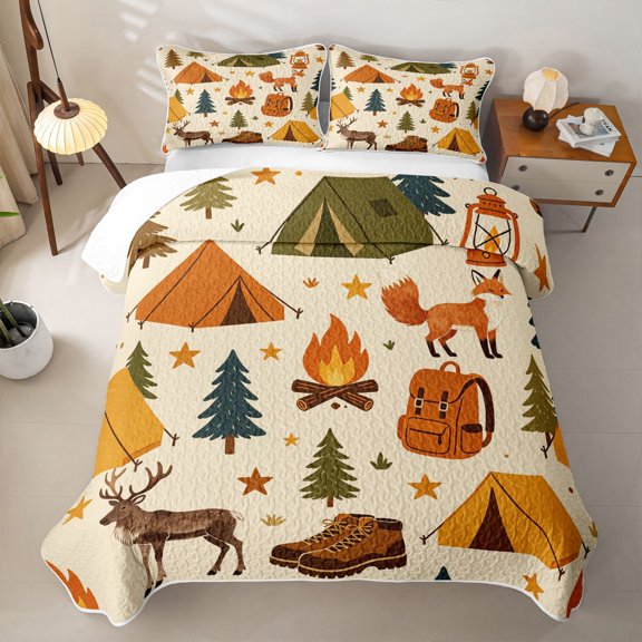 Catabedysis Camping Pattern Quilt Full,Fox Deer Print Full Bedspread Sets For Boys,Multicolor,3-Piece