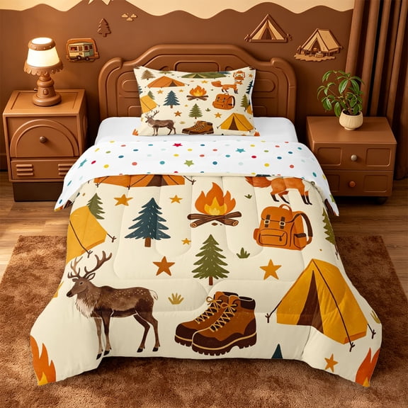 Catabedysis Camping Pattern Twin Comforter Sets,Fox Deer Print Bedding Set For Boys,Multicolor,Polkadot Reversible,2pcs,1 Comforter and 1 Pillowcase