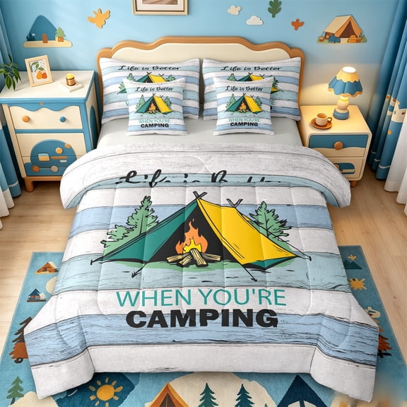 Catabedysis Camping Theme 7-Piece Twin Bedding,Cartoon Tent Print Bedding Comforter Set For Boys,Multicolor,Light Gray Reversible
