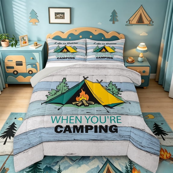 Catabedysis Camping Theme Full Size Comforter Sets,Cartoon Tent Print Bedding Comforter Set For Boys,Multicolor,Light Gray Reversible,3-Piece,1 Comforter and 2 Pillowcases