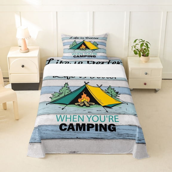 Catabedysis Camping Theme Twin Sheets,Cartoon Tent Print Bedding For Boys,Multicolor,3pcs,1 Fitted Sheet and 1 Pillowcase