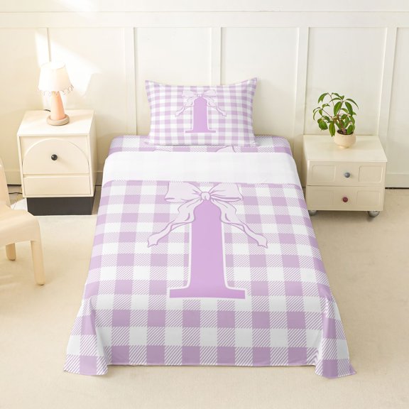 Catabedysis Cartoon Bows Alphabet I Twin Sheets,Minimalist Geometric Check Print Bedding For Girls,3-Piece,1 Fitted Sheet and 1 Pillowcase