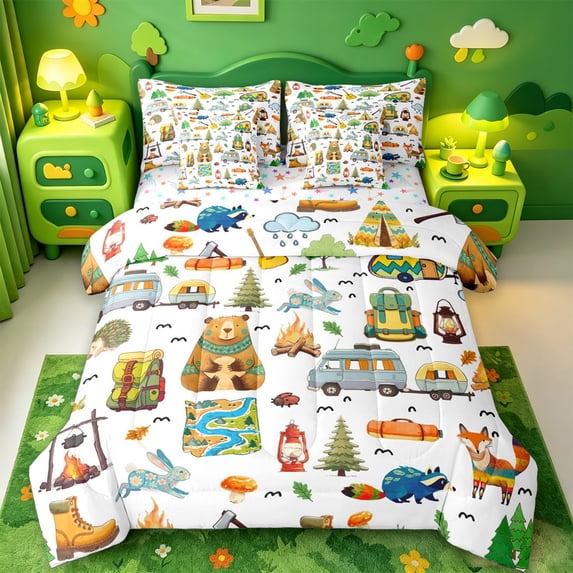 Catabedysis Cartoon Camping 7-Piece Twin Bedding For Girls,Wildlife Camper Pattern Bedding Comforter Set,Multicolor,Colorful Stars Reversible