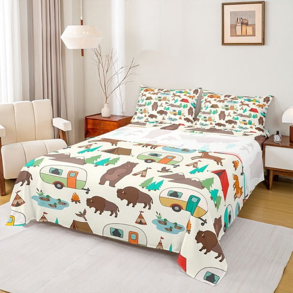 Catabedysis Cartoon Camping Bed Sheets,Wildlife Camper Print Full Size Sheets For Boys,Multicolor,4pcs,1 Flat Sheet, 1 Fitted Sheet and 2 Pillowcases