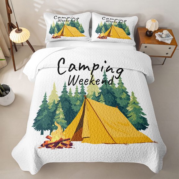 Catabedysis Cartoon Camping Bed Spread Queen,Tent Print Queen Coverlet Set For Boys,Multicolor,3Pcs