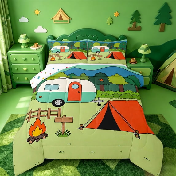Catabedysis Cartoon Camping Full Size Comforter Sets,Camper Tent Print Bedding Comforter Set For Boys,Multicolor,Polkadot Reversible,3 Pieces,1 Comforter and 2 Pillowcases