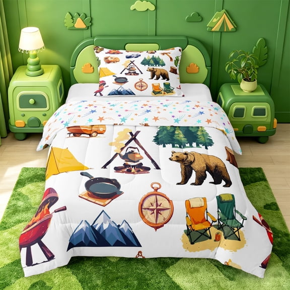 Catabedysis Cartoon Camping Twin Comforter Sets,Camper Print Bedding Set For Boys,Multicolor,Colorful Stars Reversible,2 Pieces,1 Comforter and 1 Pillowcase