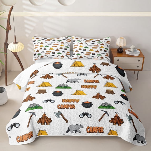 Catabedysis Cartoon Camping Twin Quilt Set,Happy Camper Pattern Twin Coverlet Set For Boys,Multicolor,2 Pieces