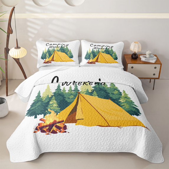 Catabedysis Cartoon Camping Twin Quilt Set,Tent Print Twin Coverlet Set For Boys,Multicolor,3-Piece