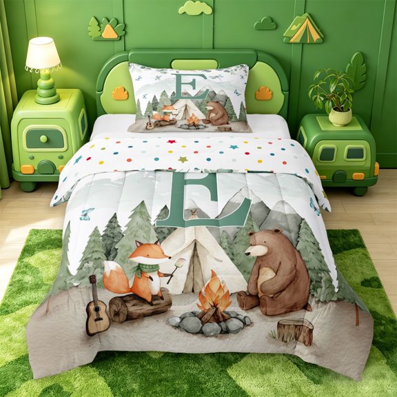 Catabedysis Cartoon Rv Country Style Twin Comforter Sets For Boys,Rustic Letter E Print Bedding Set For Boys,Polkadot Reversible,2pcs,1 Comforter and 1 Pillowcase