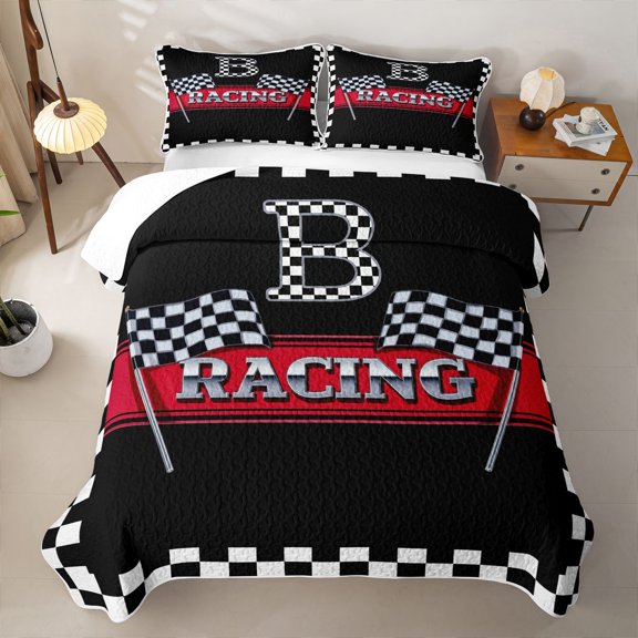 Catabedysis Checkered Letter Print Bed Spread Queen For Boys,Speed Racing Monogrammed B Queen Coverlet Set,3Pcs