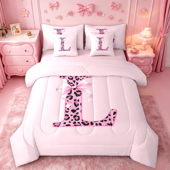 Catabedysis Cheetah Initial L 7-Piece Twin Bedding,Pink Leopard ABC Themed Bedding Comforter Set,Pink Reversible For Girls