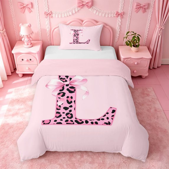 Catabedysis Cheetah Initial L Twin Duvet Cover,Pink Leopard ABC Themed Twin Bedding For Girls,Pink Reversible,2 Pieces,1 Duvet Cover and 1 Pillowcase