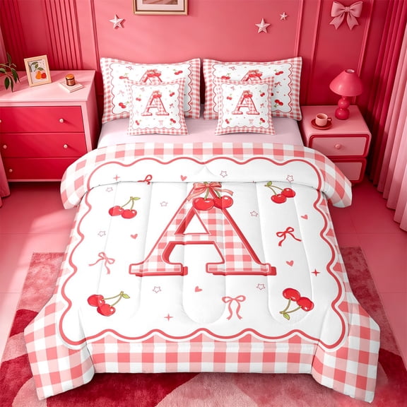 Catabedysis Cherry ABC Print A 7-Piece Twin Bedding,Personalized Monogrammed Gifts Bedding Comforter Set,Pink Reversible For Girls