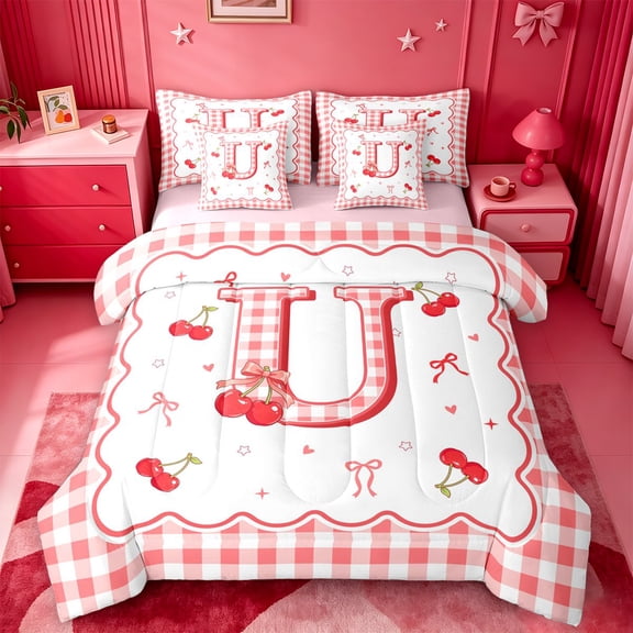 Catabedysis Cherry ABC Print U 7-Piece Twin Bedding,Personalized Monogrammed Gifts Bedding Comforter Set,Pink Reversible For Girls