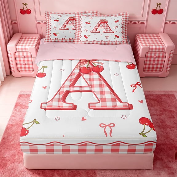 Catabedysis Cherry ABC Print A Zipper Twin Comforter Sets with Fitted Sheet and 2 Pillowcases,Personalized Monogrammed Gifts Zipper Bedding Set For Girls,Pink Reversible,4-Piece