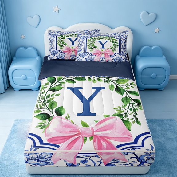 Catabedysis Chic Bows Initial Y Zipper Twin Comforter Sets with Fitted Sheet and 2 Pillowcases,Elegant Leaves Wreath ABC Themed Zipper Bedding Set For Girls,Navy Blue Reversible,4-Piece