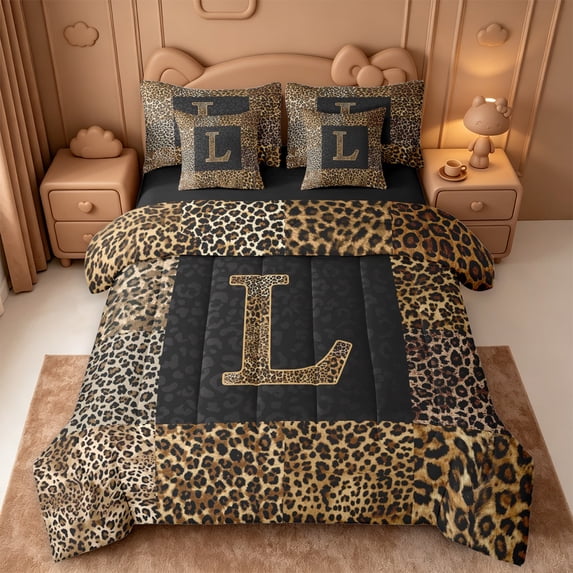 Catabedysis Classic Animal Print Initial L 7pcs Queen Bedding,Vintage ABC Themed Bedding Comforter Set Queen,Black Reversible For Girls