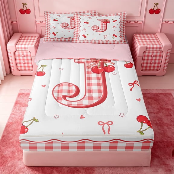 Catabedysis Classic Geometric Checkered Zipper Twin Comforter Sets with Fitted Sheet and 2 Pillowcases,Cherry Personalized Initial J Zipper Bedding Set For Girls,Pink Reversible,4 Pieces