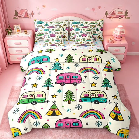 Catabedysis Colorful Cartoon Camping 7-Piece Twin Bedding For Girls,Camper Rainbow Print Bedding Comforter Set,Multicolor,Colorful Stars Reversible