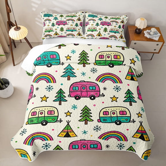 Catabedysis Colorful Cartoon Camping Quilt Full For Girls,Camper Rainbow Print Full Bedspread Sets,Multicolor,3 Pieces