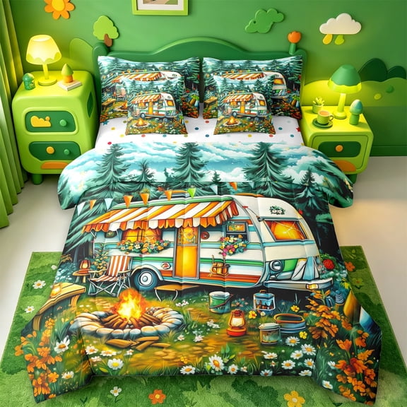 Catabedysis Colorful Cute Camping 7-Piece Twin Bedding For Girls,Kawaii Floral Camper Print Bedding Comforter Set,Multicolor,Polkadot Reversible
