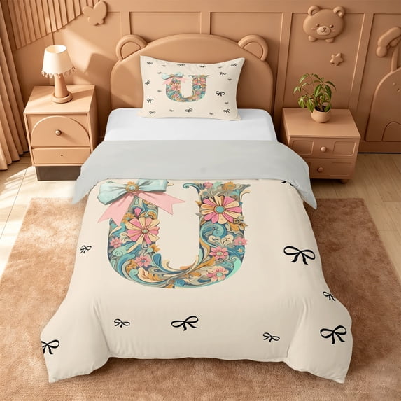 Catabedysis Colorful Initial U Twin Duvet Cover,Cute Flowers ABC Themed Twin Bedding For Girls,Light Gray Reversible,2pcs,1 Duvet Cover and 1 Pillowcase
