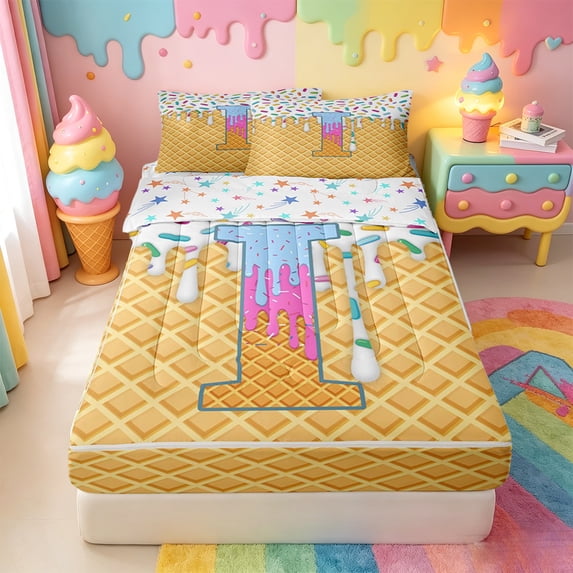 Catabedysis Colorful Sprinkles Alphabet I Zipper Full Size Comforter Sets with Fitted Sheet and 2 Pillowcases For Boys,Ice Cream Print Zipper Bedding Set,Colorful Stars Reversible,4-Piece